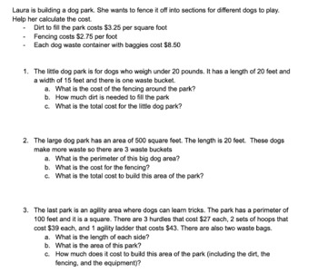 Preview of Perimeter, Area, and Pricing- Dog Park Theme