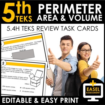 Preview of Perimeter, Area and Volume Task Cards | TEKS 5.4H Review | EDITABLE
