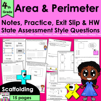 Preview of Perimeter & Area no prep: notes, CCLS practice, exit slip, HW, spiral review