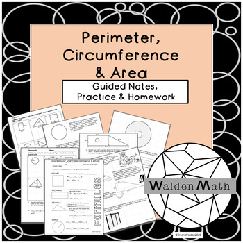 Preview of Perimeter, Circumference & Area Guided Notes, Practice Worksheet & Homework