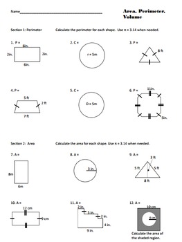 Perimeter Area Volume Geometry Worksheet by Teach Me I'm Yours | TpT