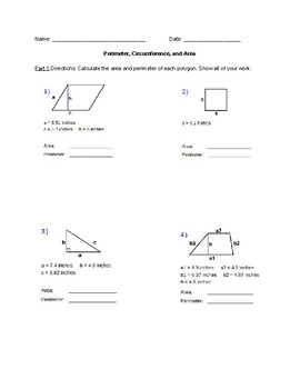 Preview of Perimeter, Circumference, Area Worksheet