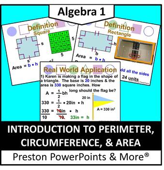 Preview of Perimeter, Circumference & Area in a PowerPoint Presentation