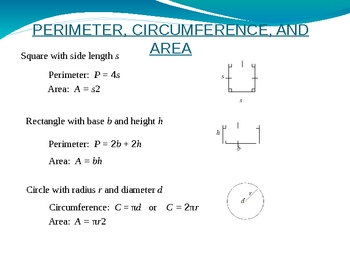 Preview of Perimeter, Circumference, and Area Power Point Lesson