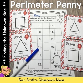 Preview of Perimeter Find the Missing Side Center Games Task Cards and Printable Worksheets
