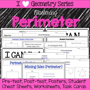 Preview of Perimeter Unit -Pretests, Post-tests, Posters, Cheat Sheets, Worksheets..
