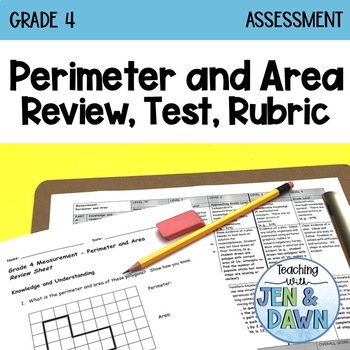 Preview of Perimeter and Area - Review, Test, Rubric (Grade 4)