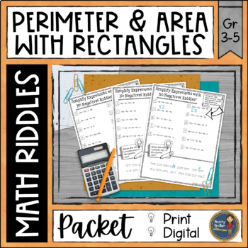 Preview of Perimeter and Area with Rectangles Math Riddles Worksheets - No Prep