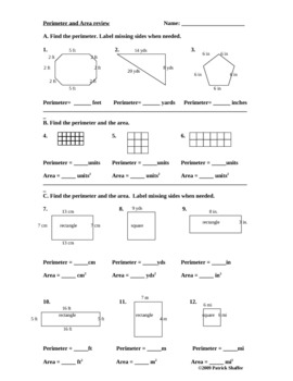 Preview of Perimeter and area review math worksheet (geometry / measurement)