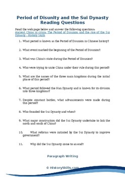 Preview of Period of Disunity and the Sui Dynasty Reading Questions Worksheet