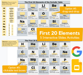 Preview of Periodic Table - First 20 Elements - drag-drop, labeling activities in Slides