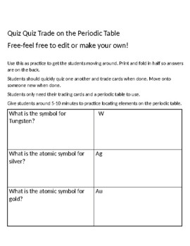 Preview of Periodic Table Quiz Quiz Trade