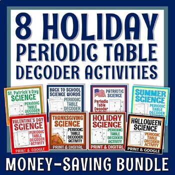 Preview of Periodic Table Decoder Worksheet BUNDLE Year Long Holiday Science