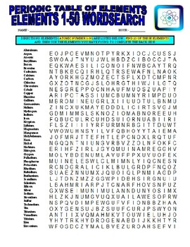 Preview of Periodic Table of Elements Wordsearch (Elements 1-50 / Chemistry) - No Prep