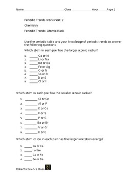 Preview of Periodic Trends Worksheet 2