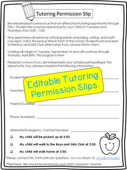 Preview of Tutoring Permission Slip (Editable!)