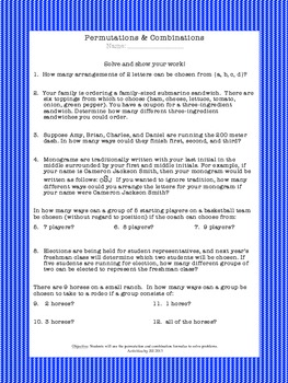 Preview of Permutations & Combinations Worksheet (Distance Learning)