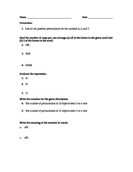 Preview of Permutations Quiz or Worksheet