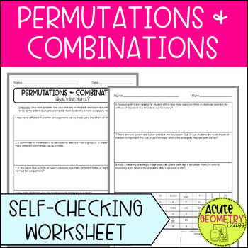Preview of Permutations and Combinations Worksheet - Self-Checking Mystery Word Activity