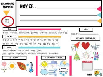 Perpetual Calendar in Spanish (Calendario perpetuo orientación horizontal)