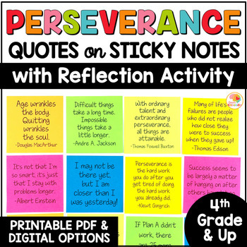 Preview of Perseverance Quotes on Sticky Notes and Reflection Worksheets Activities