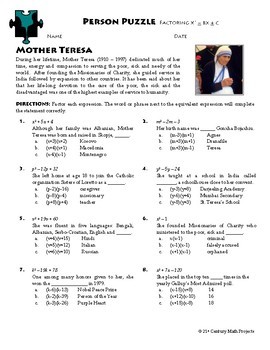 Person Puzzle - Factoring - Mother Teresa Worksheet by Clark Creative Math