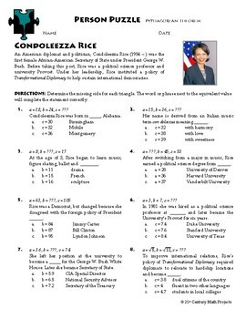 Person Puzzle - Pythagorean Theorem - Condoleezza Rice Worksheet