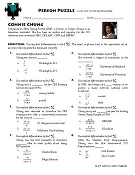 Person Puzzle Implicit Differentiation Connie Chung Worksheet