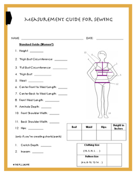 Preview of Personal Body Measurement Guide / Chart for Sewing