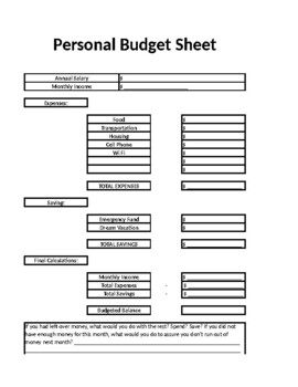 Preview of Personal Budget Worksheet - 100% Editable