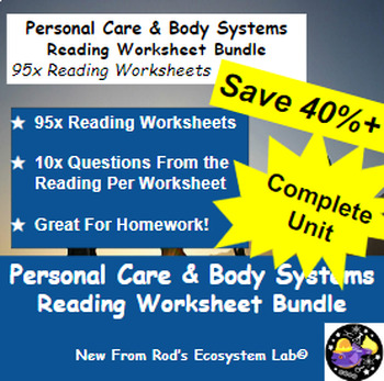 Preview of Personal Care & Body Systems Unit Reading Worksheet Bundle **Editable**