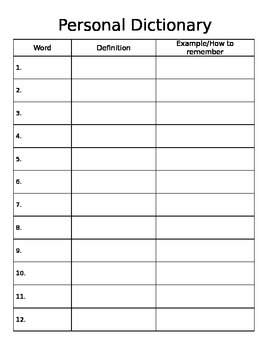 Preview of Personal Dictionary Template