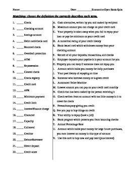Personal Economics Test Assessment worksheet - terms, checks, and
