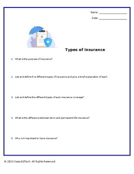 Preview of Personal Finance: Insurance Worksheet!