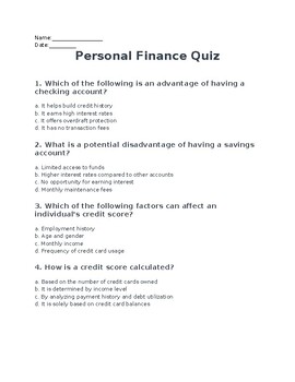 Preview of Personal Finance Quiz for 6th-12th graders!