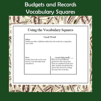 Preview of Personal Finance Vocabulary Squares-Budgets and Records