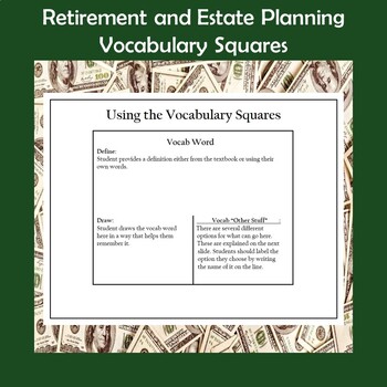 Preview of Personal Finance Vocabulary Squares-Retirement and Estate Planning