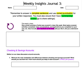 Preview of Personal Finances Weekly Insight Journals (6 weeks of journal homework)