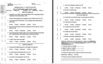 Preview of Personal Health Self-Evaluation Assessment (Grades 6-12) English & Spanish