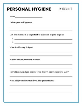 Preview of Personal Hygiene Worksheet.Goes with the Personal Hygiene PowerPoint High School