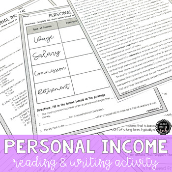 Preview of Personal Income Reading & Writing Activity (SS6E13, SS6E13a, SS7E10, SS7E10a)GSE