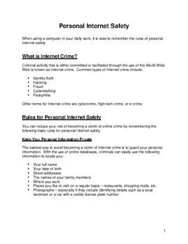 Preview of Personal Internet Safety: rules of personal Internet safety(editable resource)