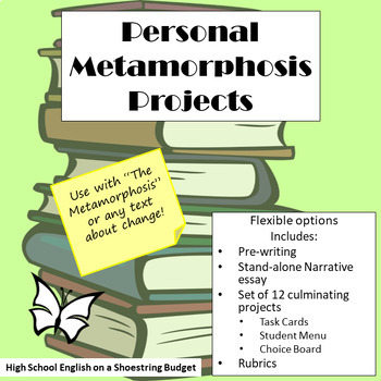 Preview of Personal Metamorphosis Projects; Task Cards, Choice Board, and Essay options