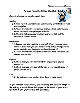 Preview of Personal Narrative Writing and Editing Checklist, Writing Checklist