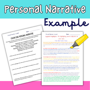 Preview of Personal Narrative Example and Color Coding Activity- 6th, 7th, 8th Grade