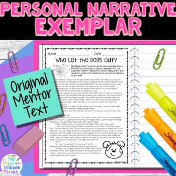 Preview of Personal Narrative Exemplar Worksheet | Original Mentor Text | Writing Essay