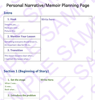 Preview of Personal Narrative / Memoir Graphic Organizer and Sentence Starters