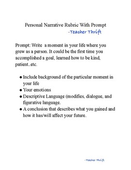 Preview of Personal Narrative Rubric and Prompt