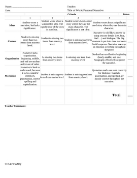 Preview of Personal Narrative Rubric used with Lucy Caulkin's Writing Program