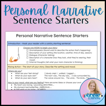 Preview of Personal Narrative Sentence Starters & Writing Graphic Organizer